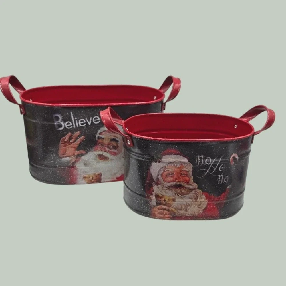 Vintage Style Santa Claus Metal Christmas Buckets Tins Nesting Set of 2